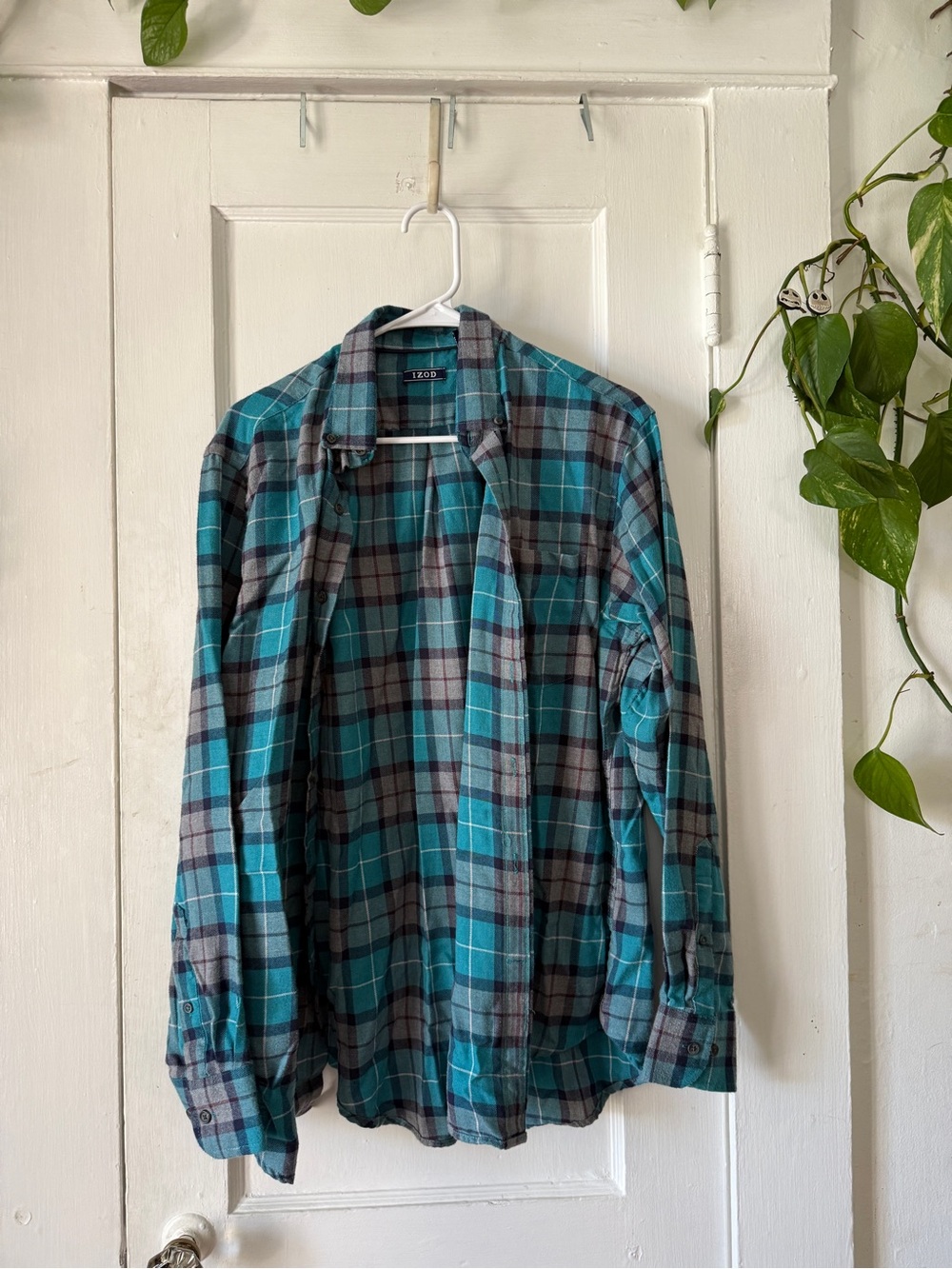Izod Teal and Gray Plaid Button-Down Shirt